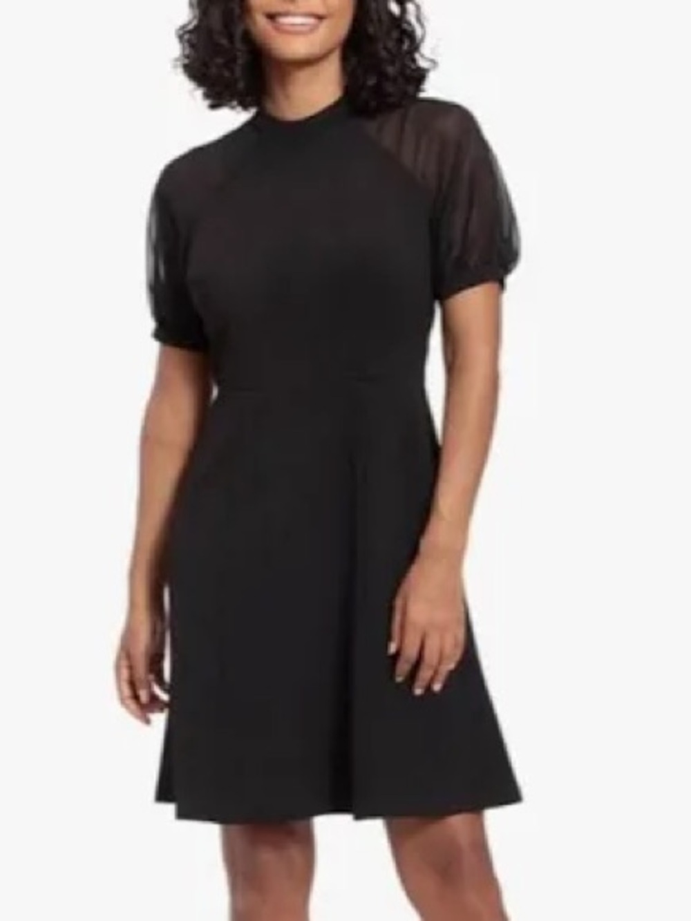 London Times Elegant Black Mini Dress with Sheer Short Sleeves